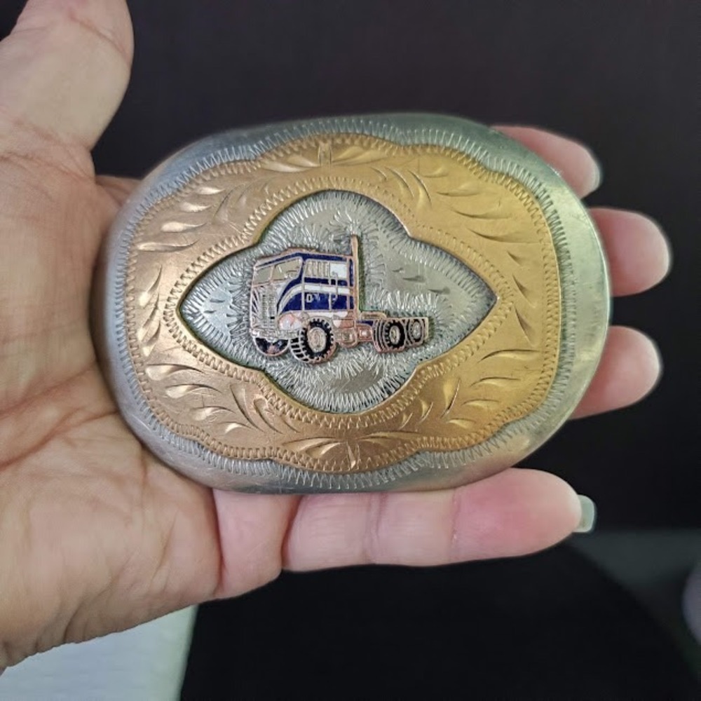 Western Flair German Silver Semi Truck Belt Buckle Colorado Springs Vintage